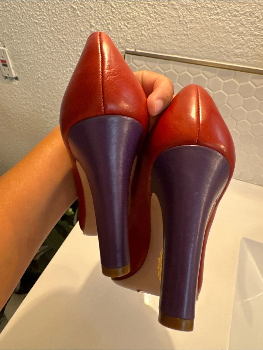 Elie Tahari Luxe Burnt Orange Harper Leather Pumps with Purple Accent $398